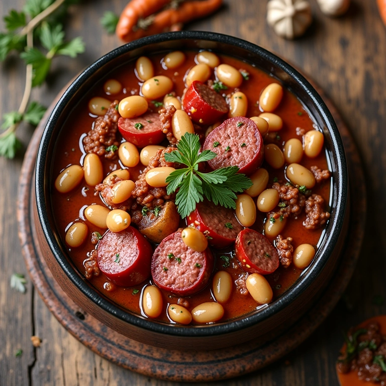 Cassoulet fumegante com feijão branco, linguiça e confit de pato em mesa rústica.