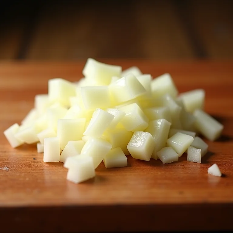 Cebola fresca picada em uma tábua de corte.