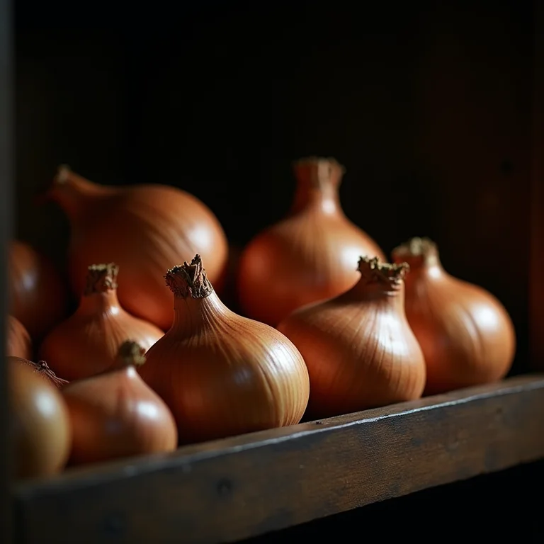 Cebolas frescas armazenadas em uma despensa escura.