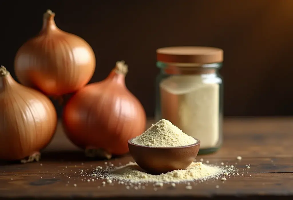 Cebolas frescas e cebola em pó lado a lado em uma mesa rústica