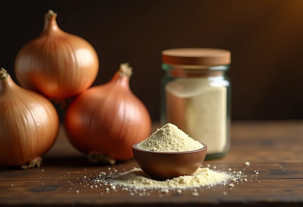 Cebolas frescas e cebola em pó lado a lado em uma mesa rústica