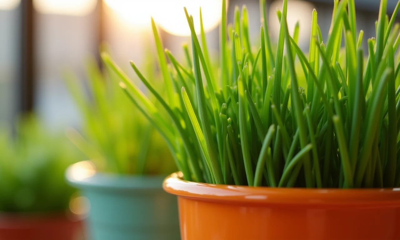 Cebolinha crescendo em um vaso ensolarado em uma varanda brasileira.
