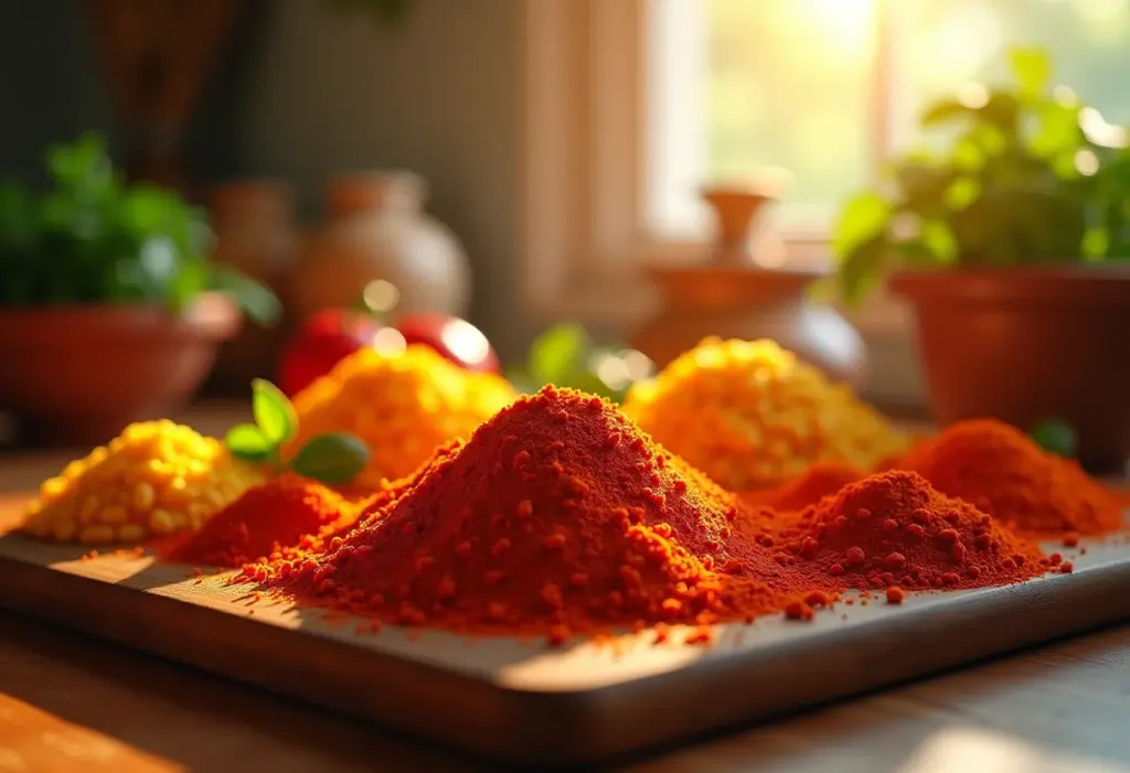 Pimenta Caiena: O segredo para emagrecer e turbinar sua saúde Cena de cozinha vibrante com pratos coloridos temperados com pimenta caiena.