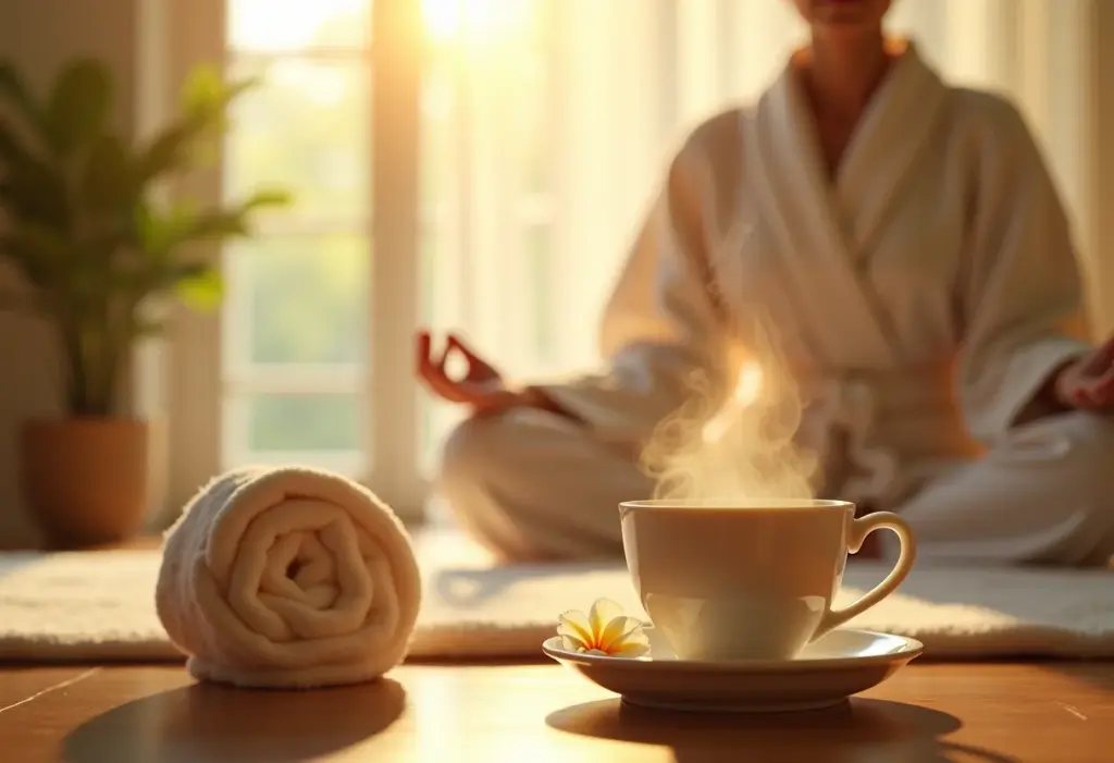 Cena relaxante de spa com chá de jasmim e mulher meditando ao fundo.