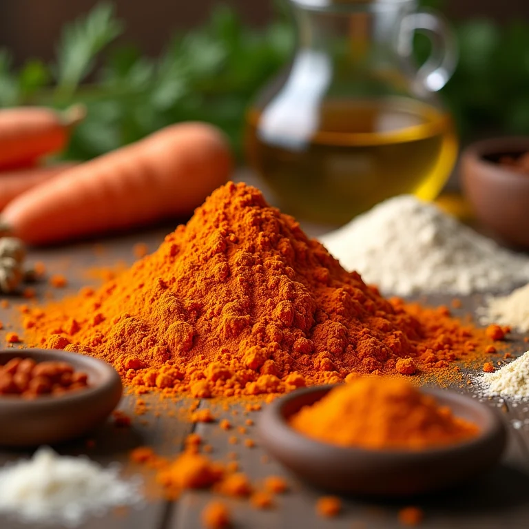 Cenoura em pó ao lado de ingredientes de cozinha