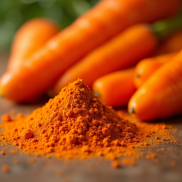 Cenoura em pó e cenouras frescas lado a lado.