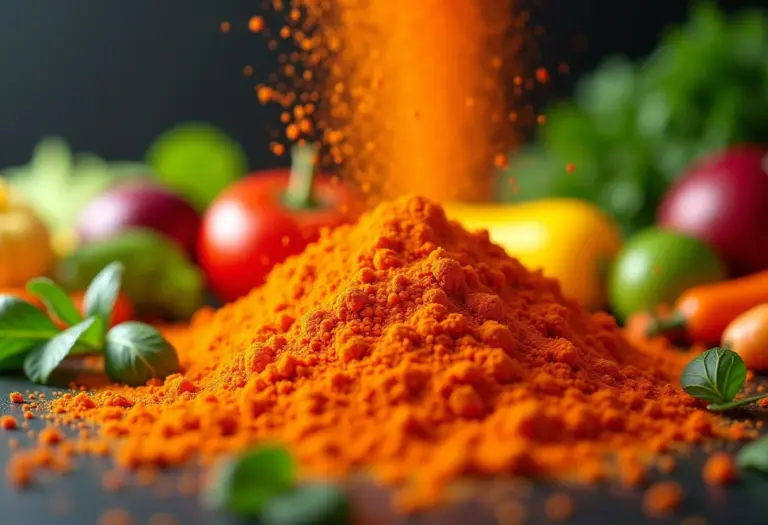 Cenoura em pó sendo polvilhada sobre vegetais coloridos