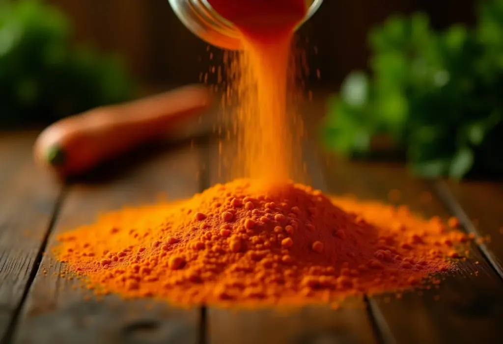 Cenoura em pó: o segredo para turbinar sua saúde (e receitas) Cenoura em pó sendo utilizada em ingredientes frescos