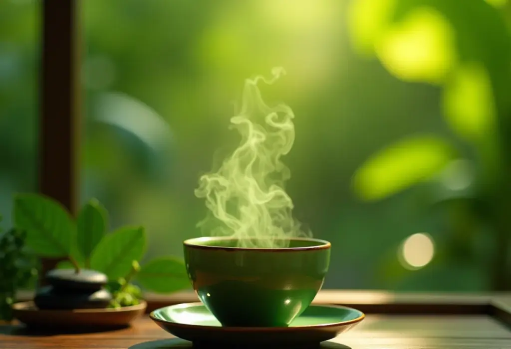 Cerimônia do chá matcha em jardim zen.