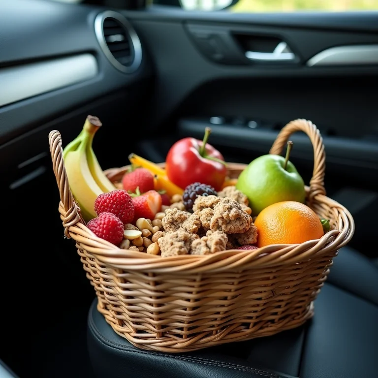 Cesta com lanches saudáveis e água no banco do passageiro, incentivando uma alimentação equilibrada durante a viagem