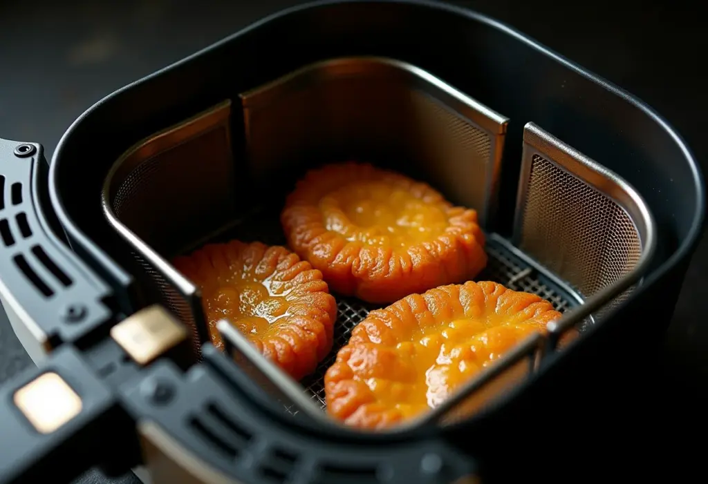 Cesta de airfryer suja com resíduos de gordura visíveis.