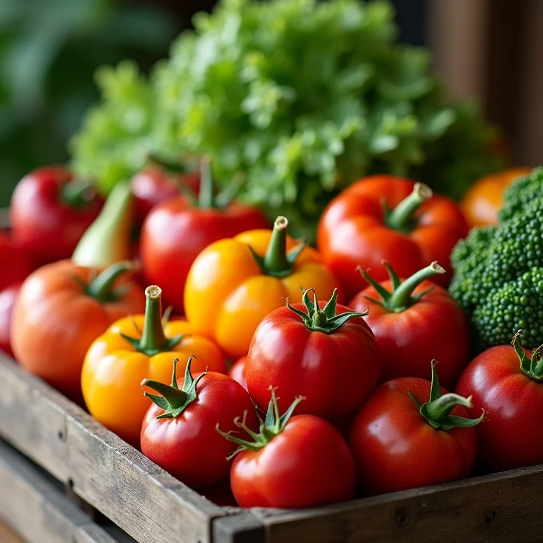 Cesta de madeira cheia de vegetais orgânicos coloridos