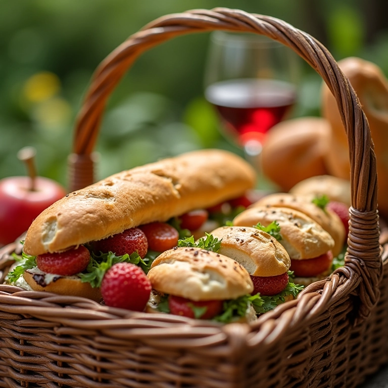 Cesta de piquenique com sanduíches, frutas frescas, queijo e vinho.