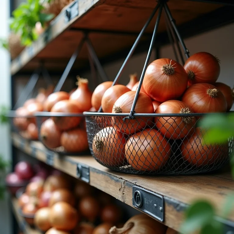 Cestos suspensos otimizando o espaço vertical na despensa.
