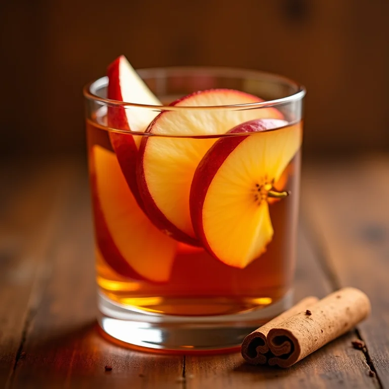 Chá de canela com rodelas de maçã vermelha em copo de vidro