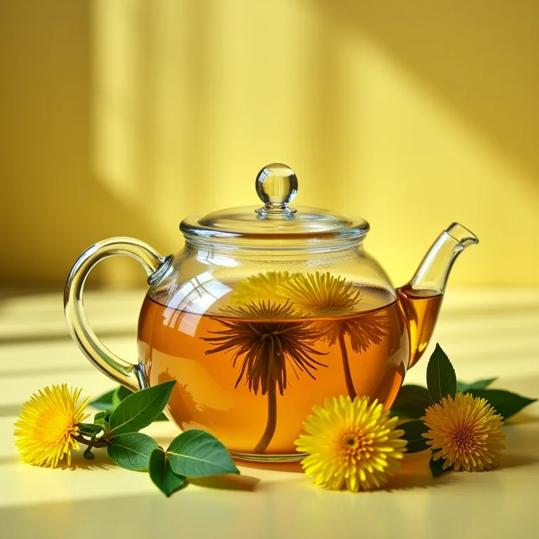 Chá de dente de leão sendo preparado em bule de vidro