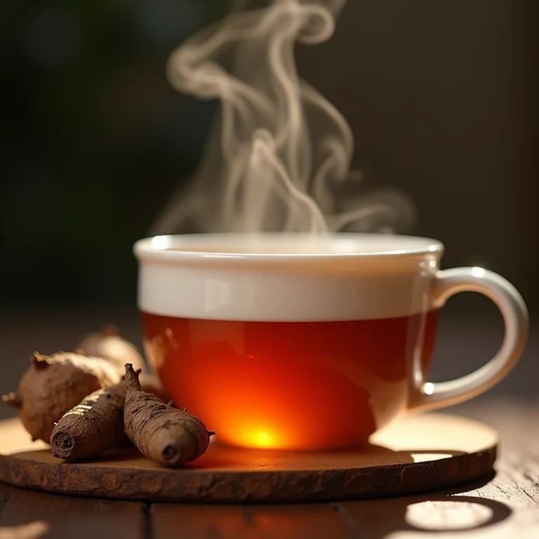 Chá de ervas sendo servido com raiz de alcaçuz ao fundo, representando a ação expectorante do alcaçuz.