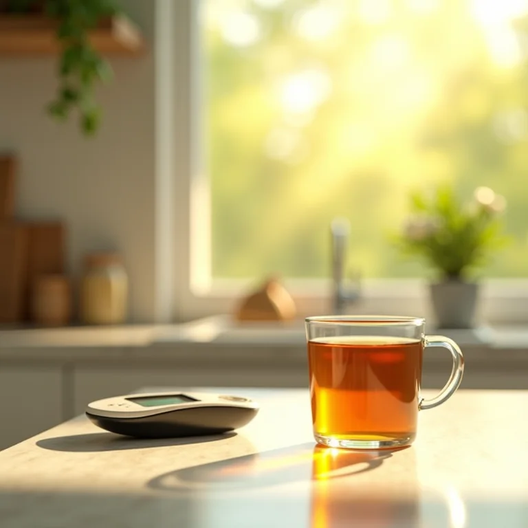 Chá de folha de oliveira ao lado de um monitor de glicose, sugerindo benefícios antidiabéticos.