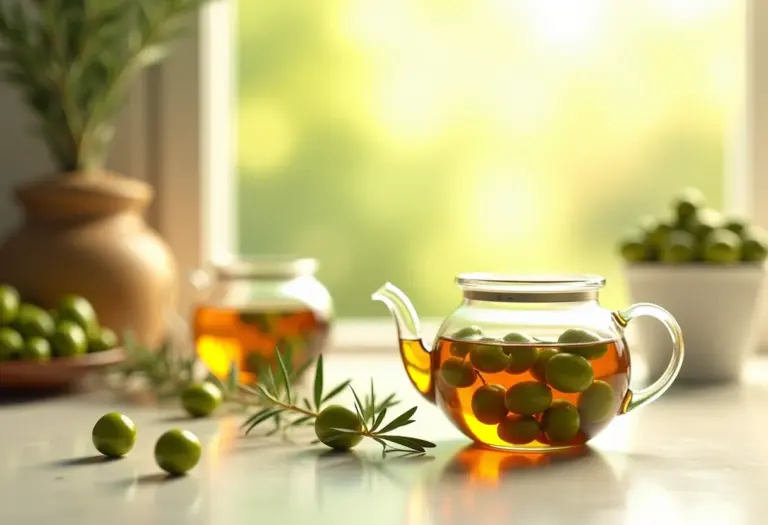 Chá de folha de oliveira sendo preparado em uma cozinha iluminada.