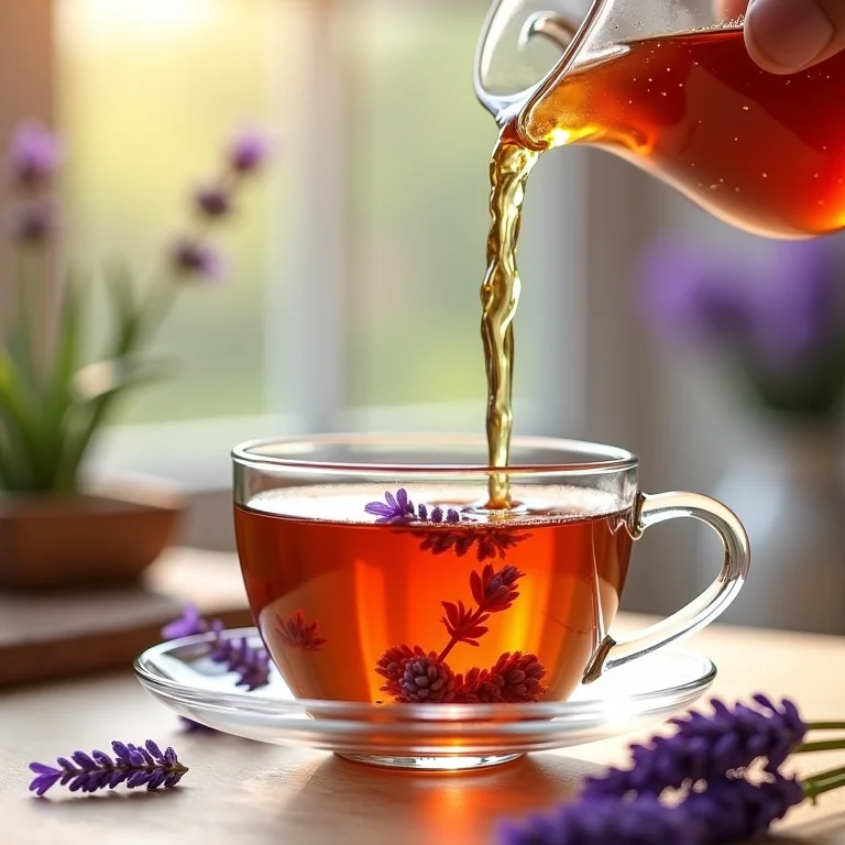 Chá de lavanda sendo servido, destacando antioxidantes