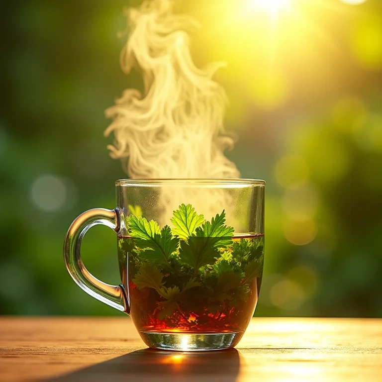 Chá de salsa sendo servido em copo de vidro com vapor.