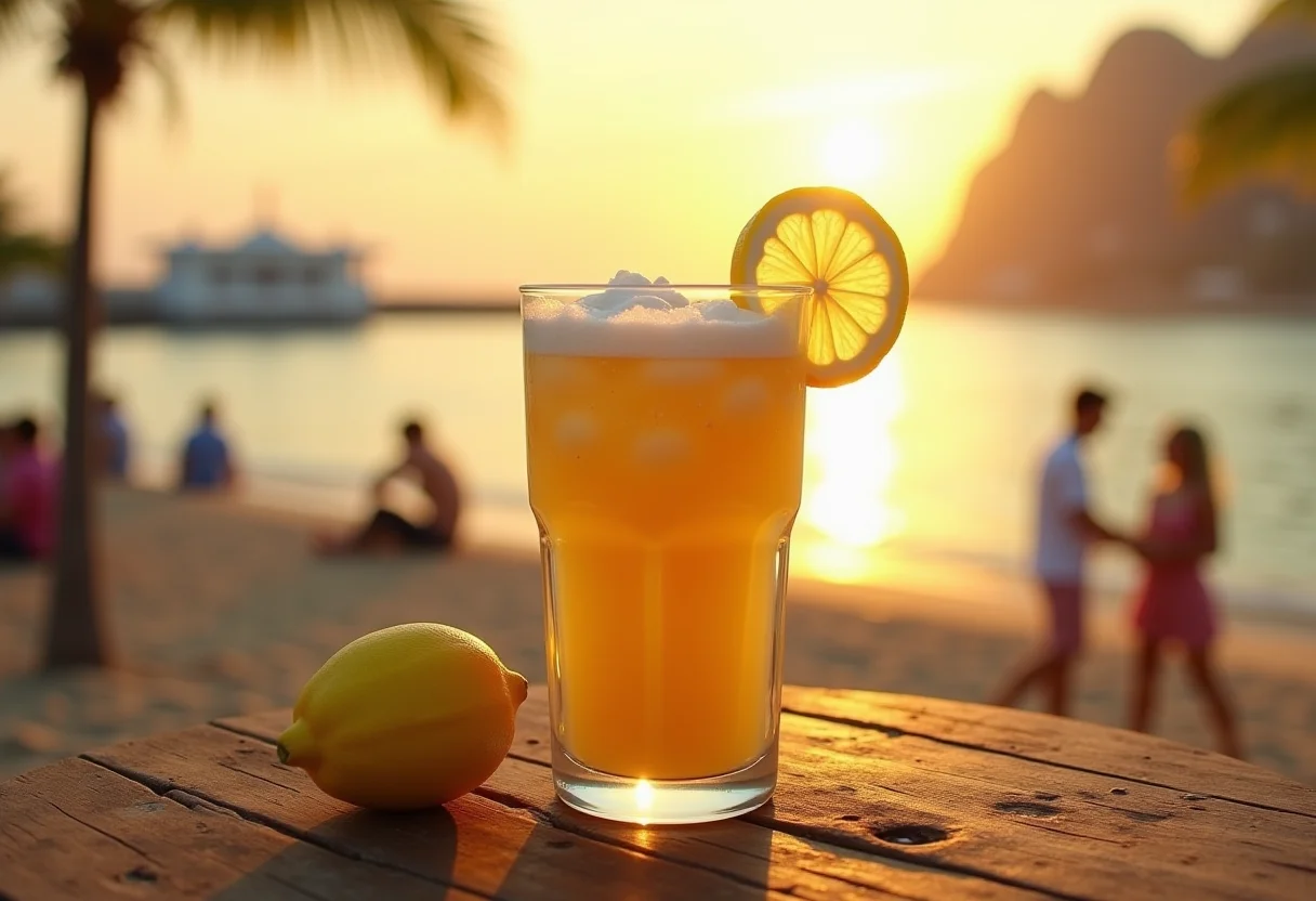 Chá Mate batido com limão servido com vista para a praia de Copacabana