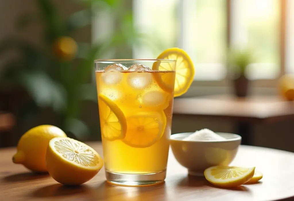 Chá Mate batido com limão servido em um copo refrescante com limões frescos e açúcar.
