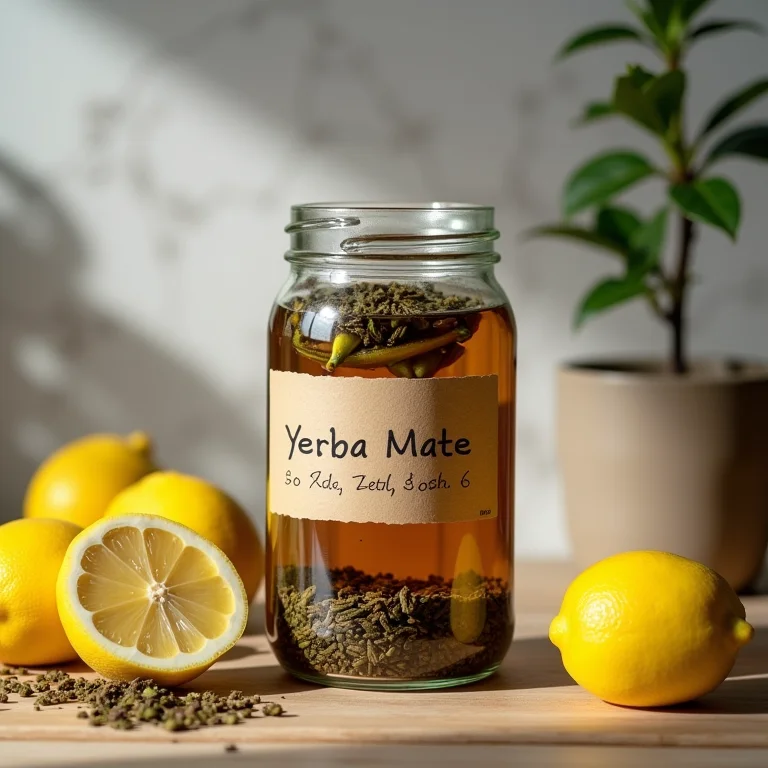 Chá mate com limão armazenado em um pote de vidro etiquetado para conservação.