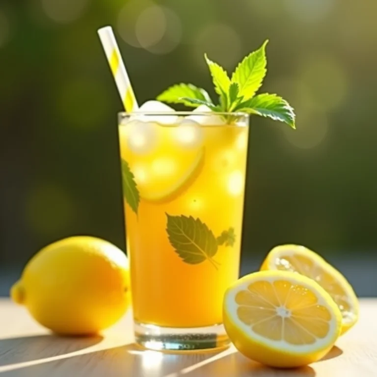 Chá mate com limão servido em um copo elegante com limão e hortelã.