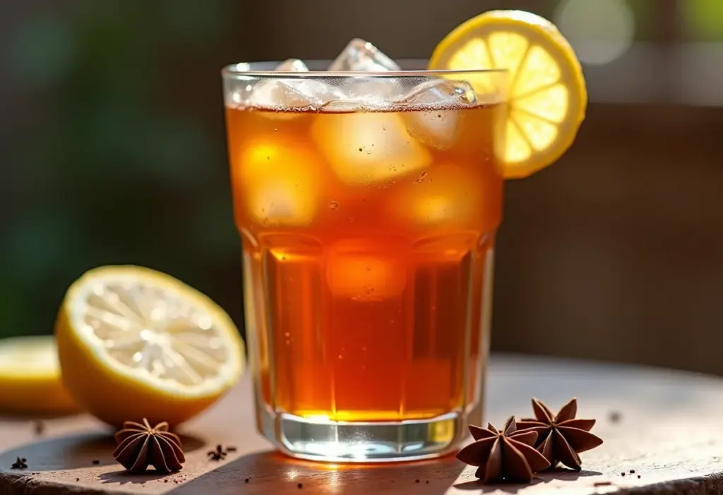 Chá preto gelado com limão e especiarias em um copo alto.