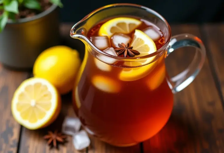 Chá preto gelado com limão e especiarias em uma jarra.