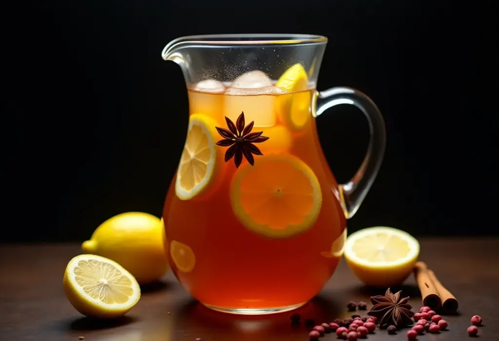 Chá preto gelado com limão e especiarias em uma jarra de vidro.