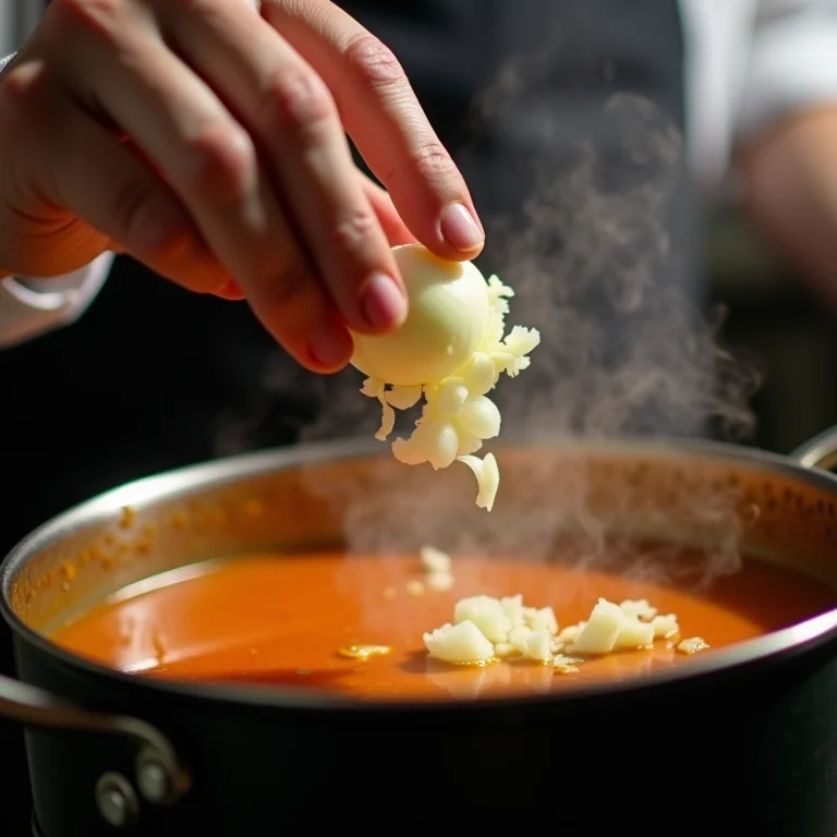 Chef adicionando cebola fresca picada em uma panela de sopa.