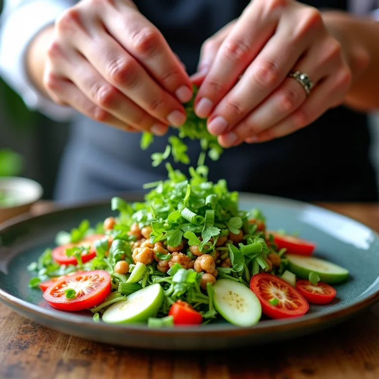 Chef adicionando cebolinha picada em uma salada