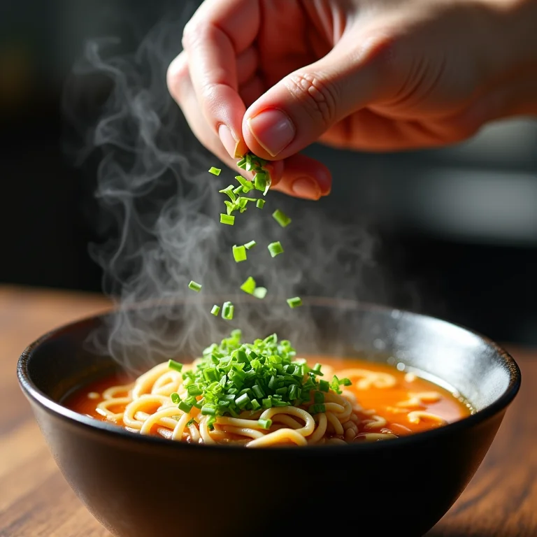 Chef adicionando nirá fresco a um prato de ramen fumegante.