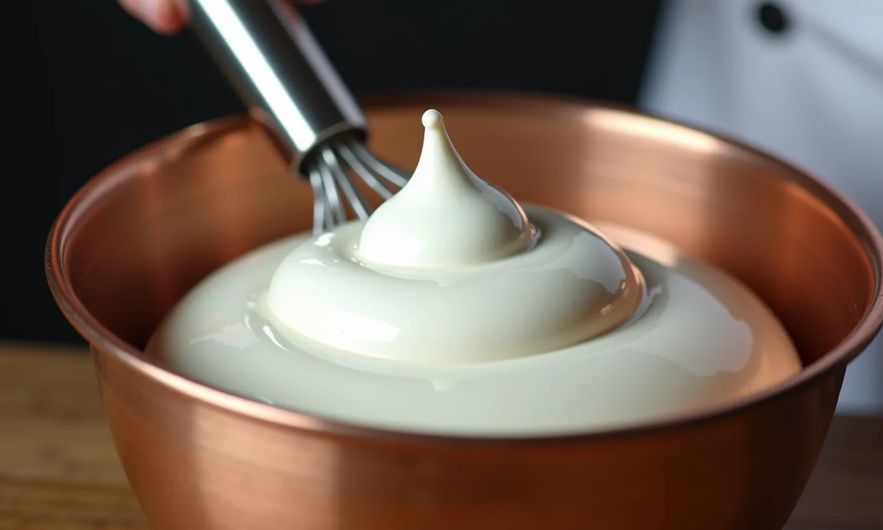 Chef batendo merengue italiano brilhante em tigela de cobre.