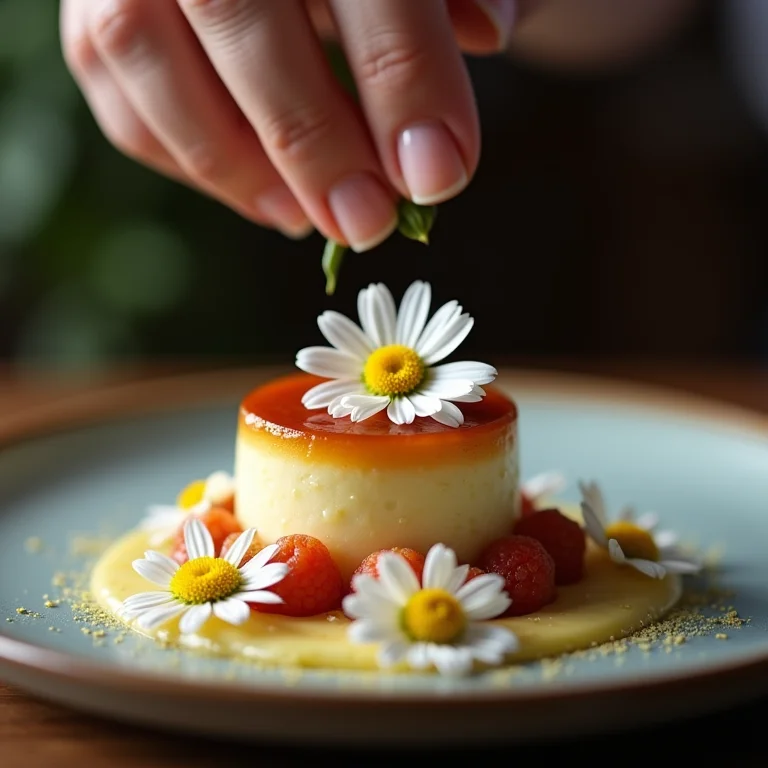 Chef finalizando sobremesa com flores de camomila.