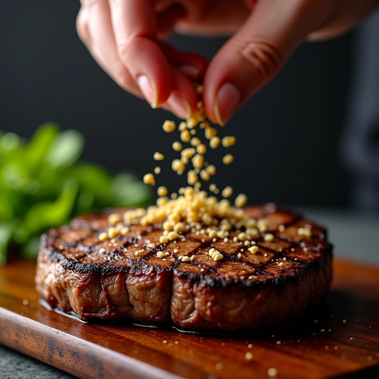 Chef finalizando um suculento bife com flor de sal.