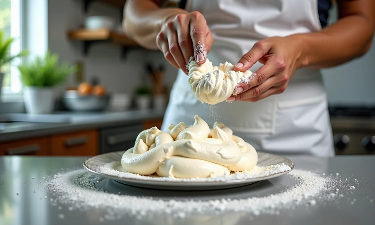 Chef misturando farinha de amêndoa no merengue para macaronnage.