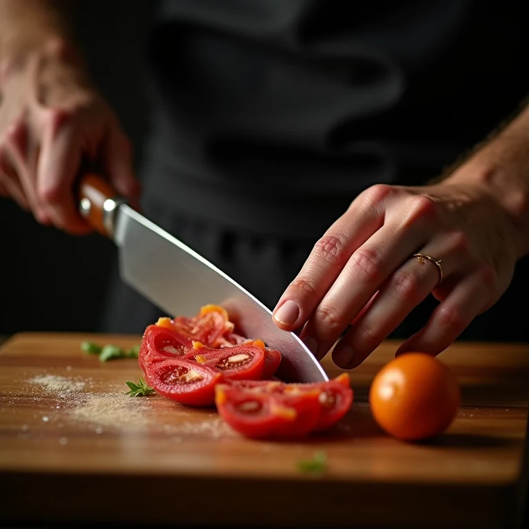 Chef picando nirá em uma tábua de corte.