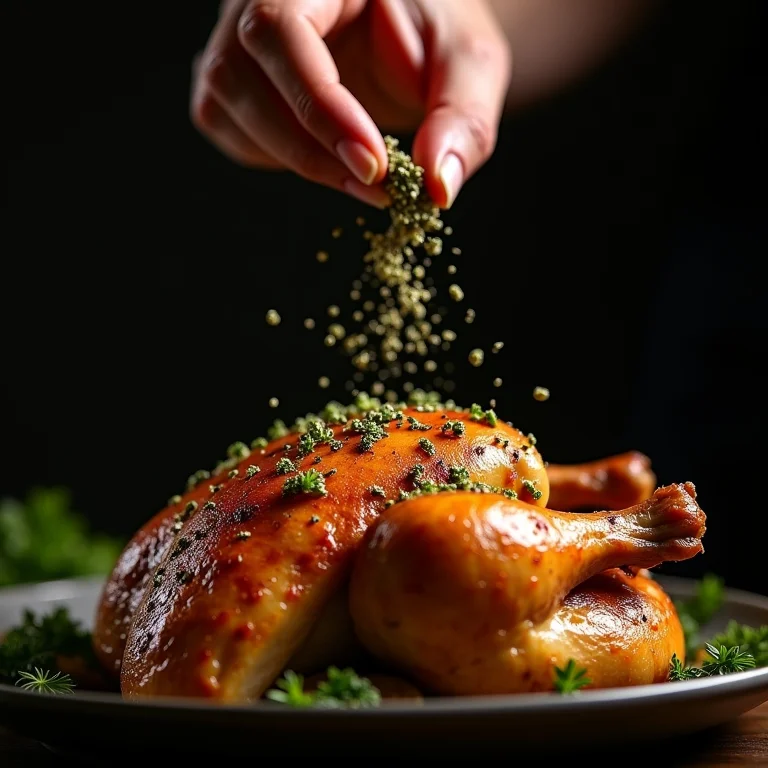 Chef polvilhando ervas de Provence sobre frango assado.