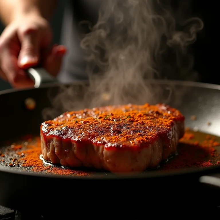 Chef preparando carne com Bahar na frigideira