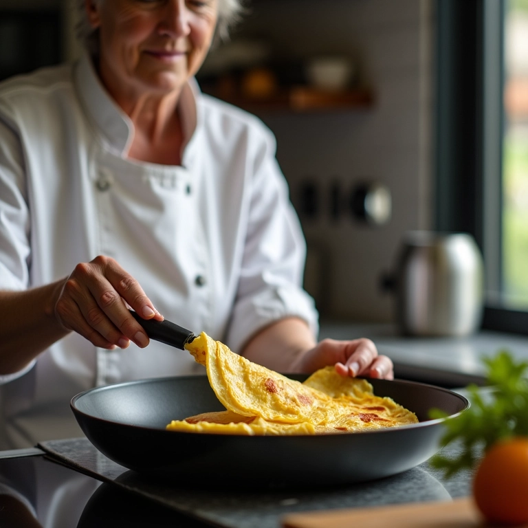 Chef preparando omelete em fogo baixo numa frigideira antiaderente.