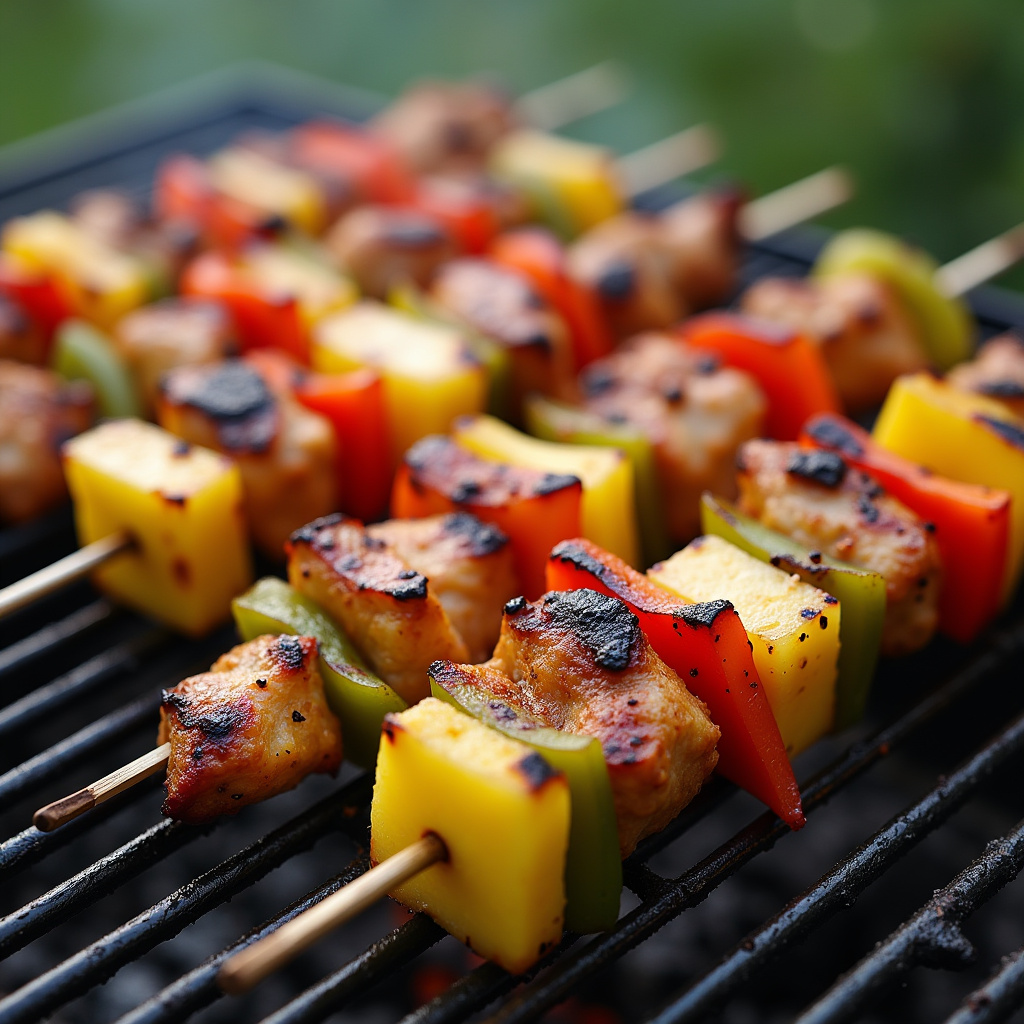 Chicken skewers with pineapple and bell peppers, marinated in yogurt, on a grill, vibrant colors, Espetinho de frango com abacaxi e pimentão.