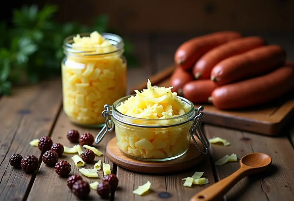 Chucrute caseiro com zimbro e salsichas alemãs em mesa rústica