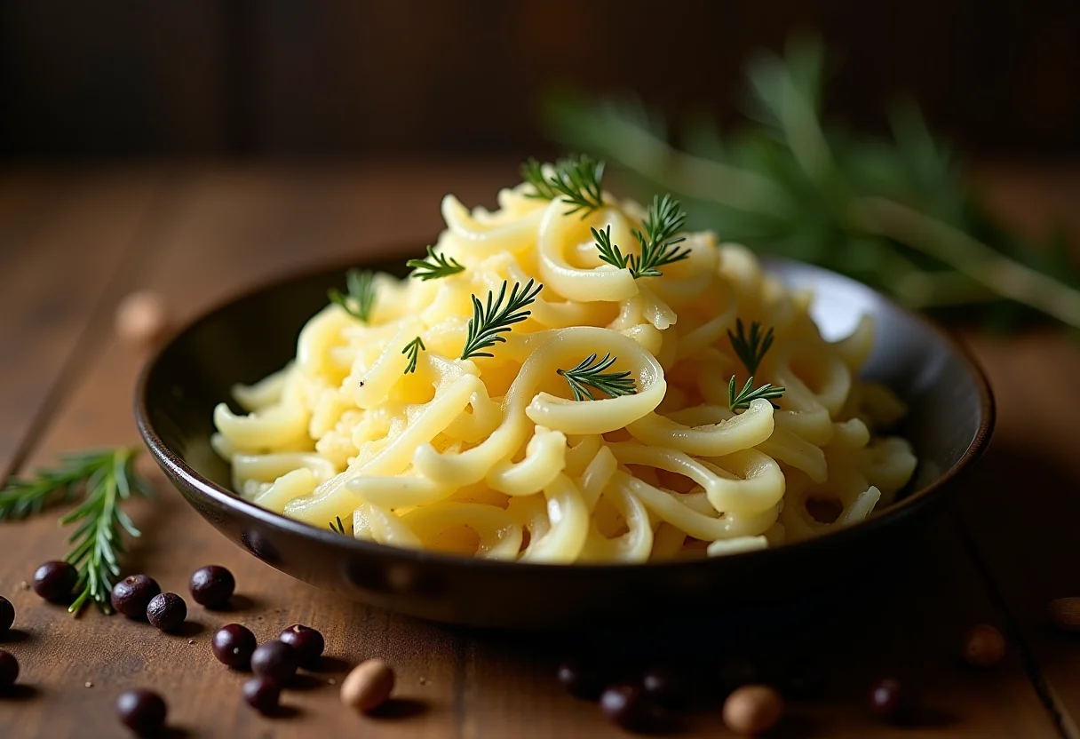 Chucrute caseiro com zimbro em ambiente rústico alemão.