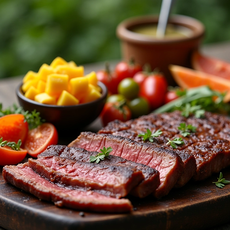 Churrasco brasileiro com acompanhamentos variados, incluindo salada de frutas cítricas e chimichurri.