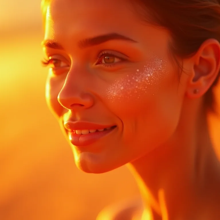 Close-up da pele radiante de uma mulher, realçada por produto com pimenta rosa.