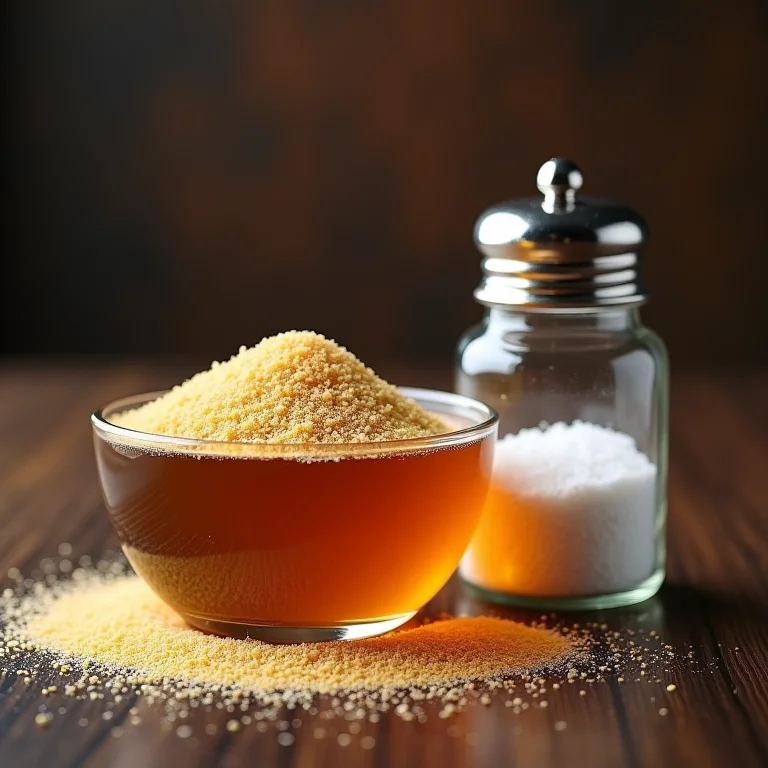 Close-up de caldo de galinha granulado ao lado de um saleiro, representando o excesso de sódio.