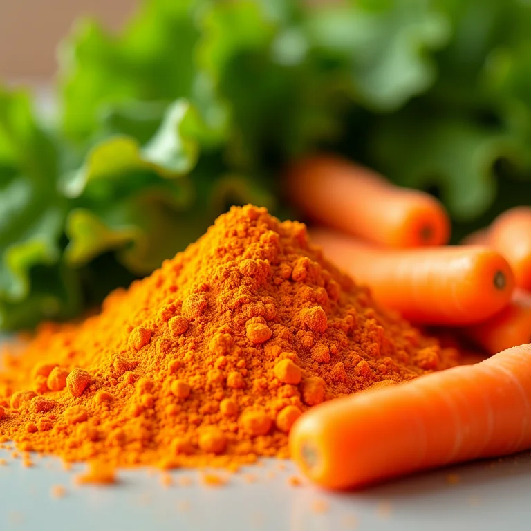 Close-up de cenoura em pó, cenouras frescas e folhas verdes